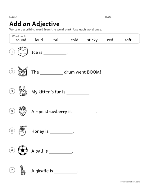 Preview of the printable “Add an adjective” worksheet: adding adjectives to sentences