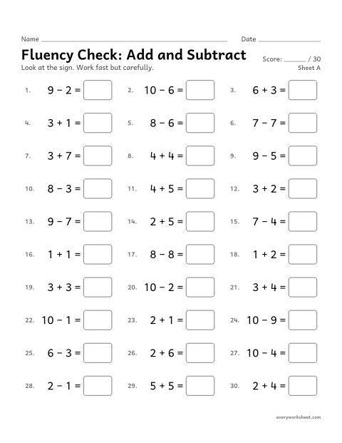 Preview of the printable “Fluency Check: add and Subtract, sheet A” worksheet: adding and subtracting within 10 fluently