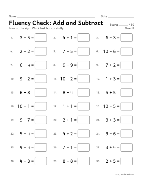 Preview of the printable “Fluency Check: add and Subtract, sheet B” worksheet: adding and subtracting within 10 fluently