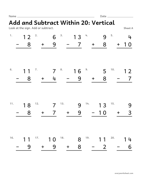 Preview of the printable “Add and subtract within 20: Vertical, sheet A” worksheet: adding and subtracting within 20 in vertical form