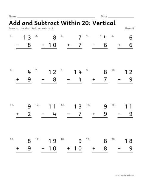 Preview of the printable “Add and subtract within 20: Vertical, sheet B” worksheet: adding and subtracting within 20 in vertical form