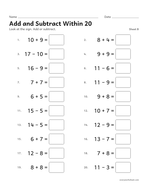 Preview of the printable “Add and subtract within 20, sheet B” worksheet: adding and subtracting within 20
