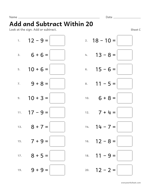 Preview of the printable “Add and subtract within 20, sheet C” worksheet: adding and subtracting within 20