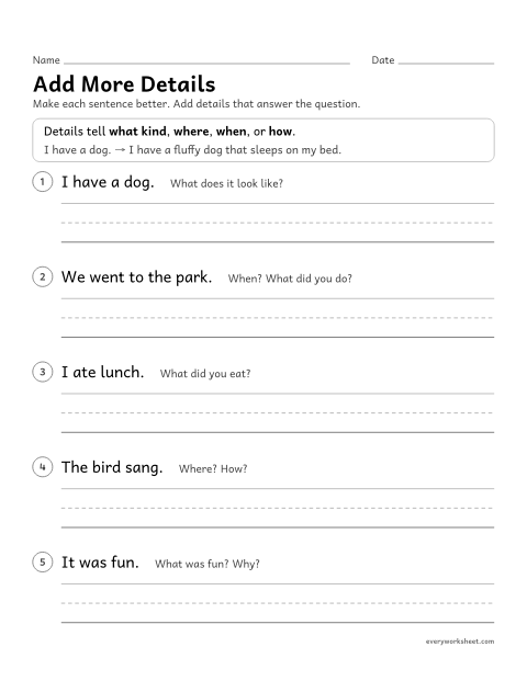 Preview of the printable “Add more details” worksheet: adding details to make a sentence stronger