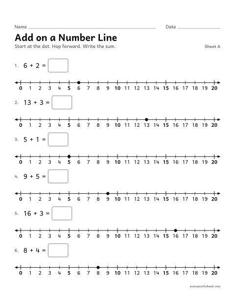 Preview of the printable “Add on a number Line, sheet A” worksheet: adding within 20 by hopping on a number line