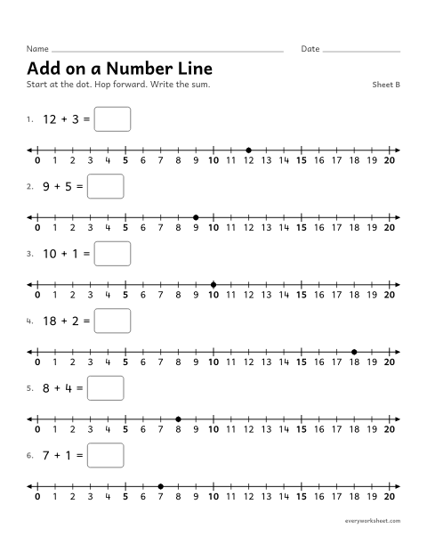 Preview of the printable “Add on a number Line, sheet B” worksheet: adding within 20 by hopping on a number line