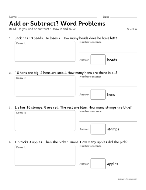 Preview of the printable “Add or Subtract? word Problems, sheet A” worksheet: choosing to add or subtract in word problems within 20
