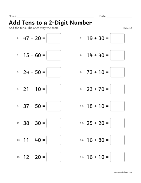 Preview of the printable “Add tens to a 2-Digit Number, sheet A” worksheet: adding a multiple of 10 to a two-digit number