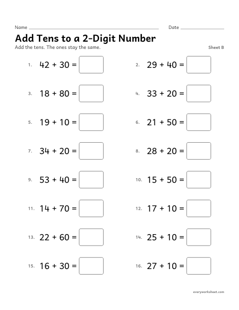 Preview of the printable “Add tens to a 2-Digit Number, sheet B” worksheet: adding a multiple of 10 to a two-digit number
