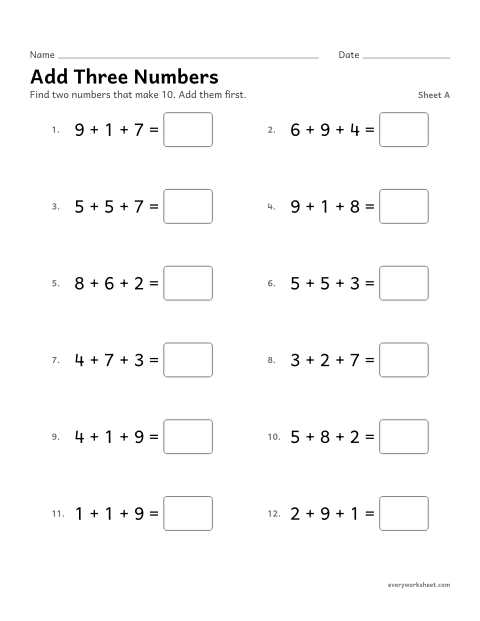 Preview of the printable “Add three Numbers, sheet A” worksheet: adding three numbers by making 10 first