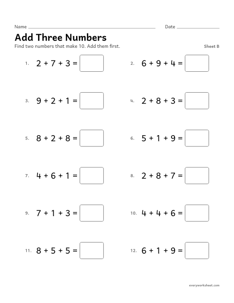 Preview of the printable “Add three Numbers, sheet B” worksheet: adding three numbers by making 10 first