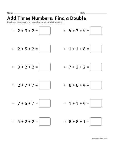 Preview of the printable “Add three Numbers: find a double” worksheet: adding three numbers by finding a double first