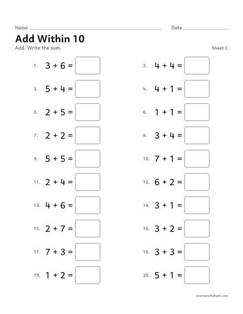Preview of the printable “Add within 10, sheet C” worksheet: adding within 10