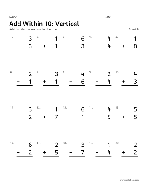 Preview of the printable “Add within 10: Vertical, sheet B” worksheet: adding within 10 in vertical form