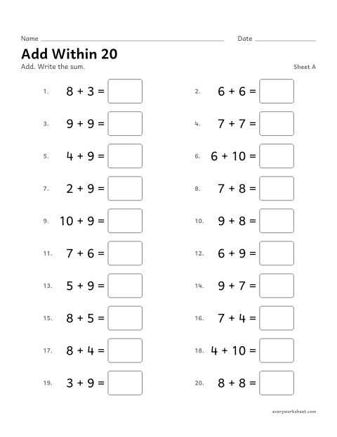 Preview of the printable “Add within 20, sheet A” worksheet: adding within 20 (sums 11 to 20)