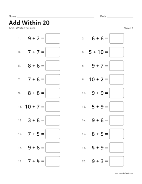 Preview of the printable “Add within 20, sheet B” worksheet: adding within 20 (sums 11 to 20)