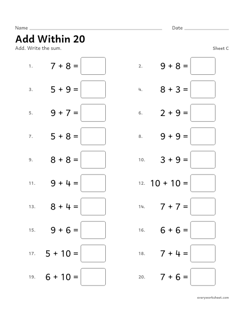 Preview of the printable “Add within 20, sheet C” worksheet: adding within 20 (sums 11 to 20)
