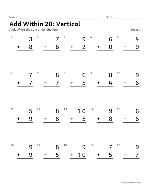 Preview of the printable “Add within 20: Vertical, sheet A” worksheet: adding within 20 in vertical form