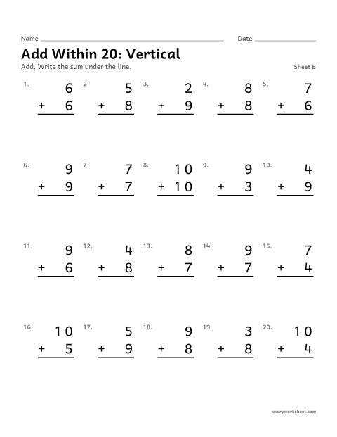 Preview of the printable “Add within 20: Vertical, sheet B” worksheet: adding within 20 in vertical form
