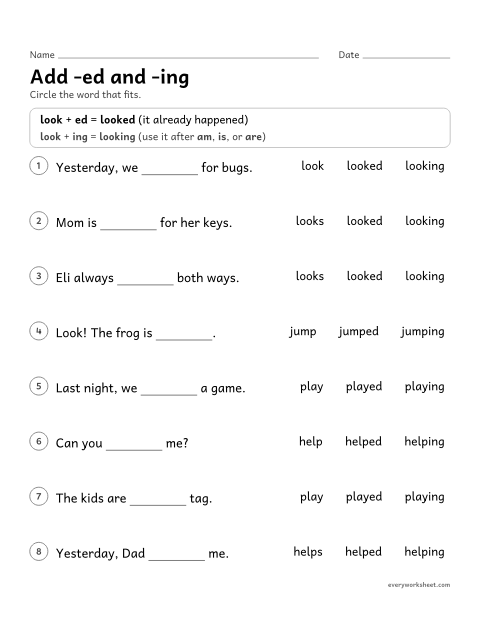 Preview of the printable “Add -ed and -ing” worksheet: reading verbs with the endings -s, -ed and -ing