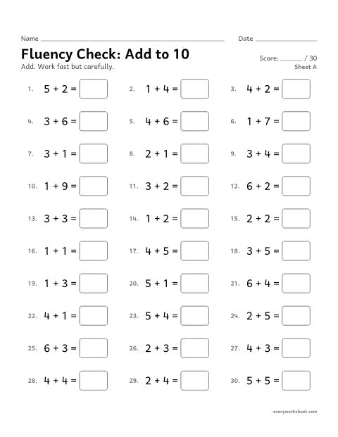 Preview of the printable “Fluency Check: add to 10, sheet A” worksheet: adding within 10 fluently