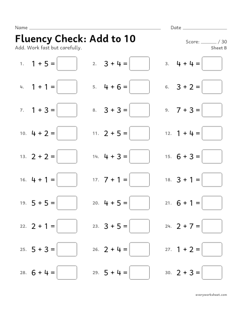 Preview of the printable “Fluency Check: add to 10, sheet B” worksheet: adding within 10 fluently