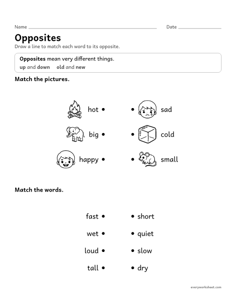 Preview of the printable “Opposites” worksheet: matching adjectives with their opposites