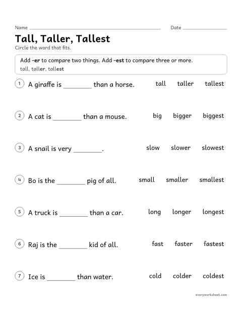 Preview of the printable “Tall, Taller, tallest” worksheet: using -er and -est to compare