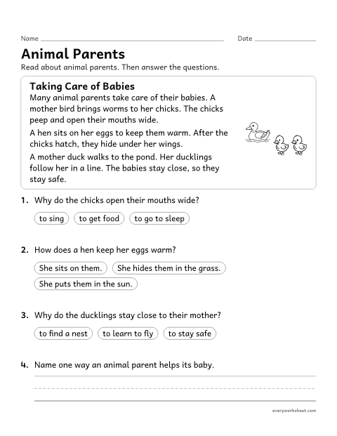 Preview of the printable “Animal parents reading passage” worksheet: reading how parents and babies act to help the babies survive
