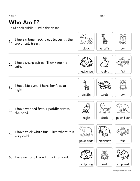 Preview of the printable “Animal parts riddles worksheet” worksheet: using clues about body parts to name an animal