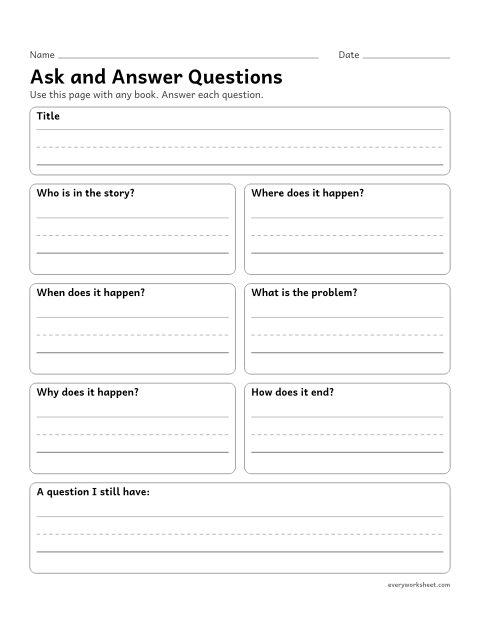 Preview of the printable “Ask and answer questions” worksheet: asking and answering who, what, where, when, why and how questions about a book