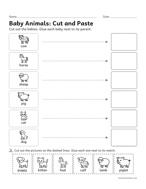 Preview of the printable “Baby animals and parents cut and paste” worksheet: matching baby animals to their parents