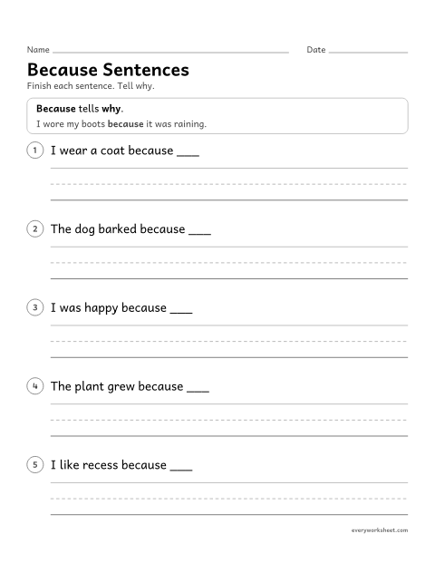 Preview of the printable “Because sentences” worksheet: using because to tell why