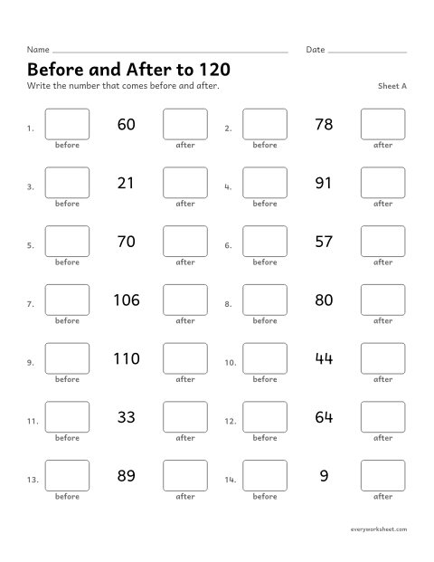Preview of the printable “Before and after to 120, sheet A” worksheet: naming the numbers just before and after a number to 120