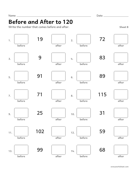 Preview of the printable “Before and after to 120, sheet B” worksheet: naming the numbers just before and after a number to 120