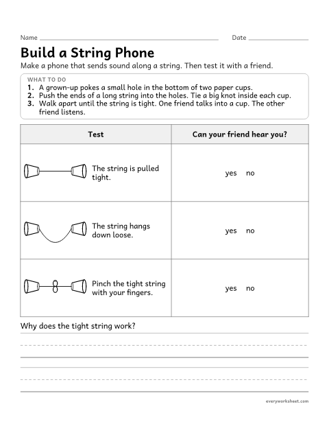 Preview of the printable “Build a string phone investigation” worksheet: building and testing a device that uses sound to talk over a distance