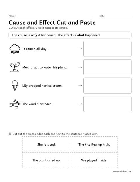 Preview of the printable “Cause and effect cut and paste” worksheet: matching each cause to its effect (cut and paste)