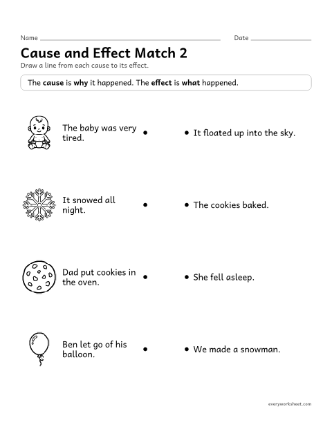 Preview of the printable “Cause and effect match 2” worksheet: matching each cause to its effect