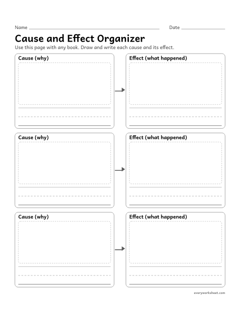 Preview of the printable “Cause and effect organizer” worksheet: showing causes and effects from any book