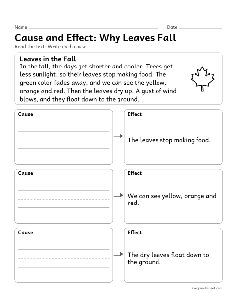 Preview of the printable “Cause and Effect: why leaves fall” worksheet: finding causes and effects in a nonfiction text