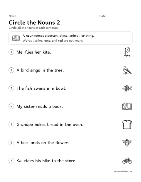 Preview of the printable “Circle the nouns 2” worksheet: finding the nouns in a sentence
