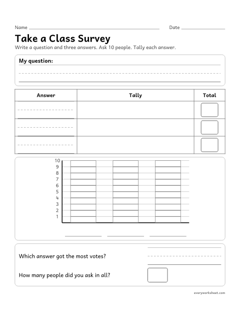 Preview of the printable “Take a class survey” worksheet: asking a question, tallying the answers and graphing them