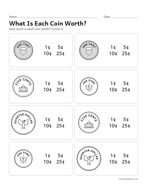 Preview of the printable “What is each coin Worth?” worksheet: matching each coin to its value in cents
