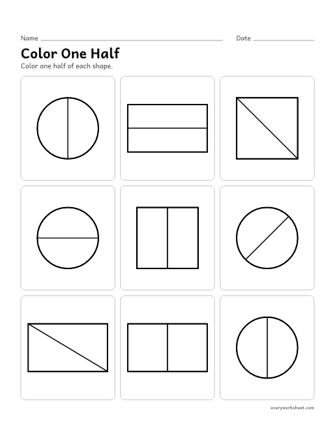 Preview of the printable “Color one half” worksheet: coloring one half of circles and rectangles
