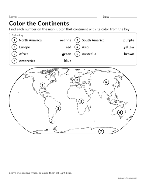 Preview of the printable “Color the continents map worksheet” worksheet: locating the 7 continents on a world map