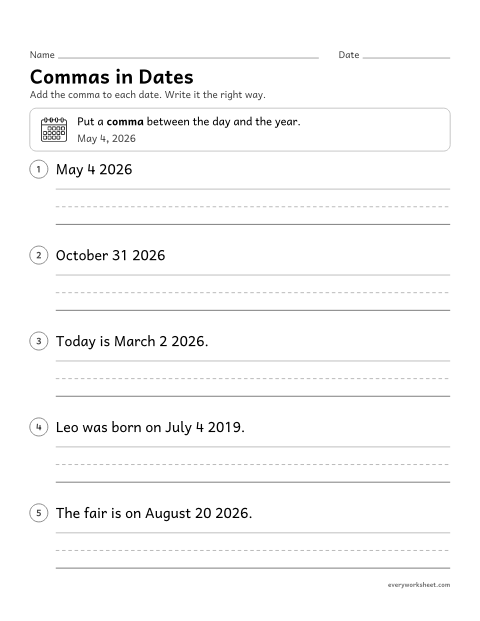 Preview of the printable “Commas in dates” worksheet: using a comma between the day and the year in a date