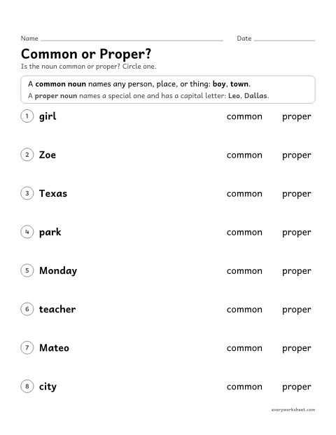 Preview of the printable “Common or Proper?” worksheet: telling common nouns from proper nouns