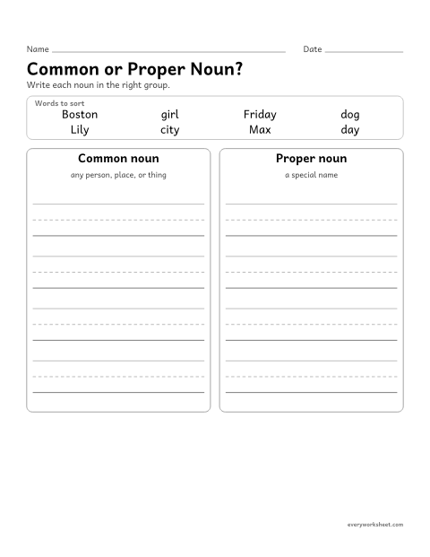 Preview of the printable “Common or proper Noun?” worksheet: sorting common nouns and proper nouns