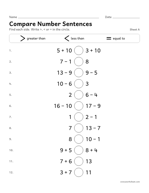 Preview of the printable “Compare number Sentences, sheet A” worksheet: comparing sums and differences with >, < and =