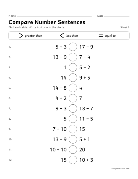 Preview of the printable “Compare number Sentences, sheet B” worksheet: comparing sums and differences with >, < and =
